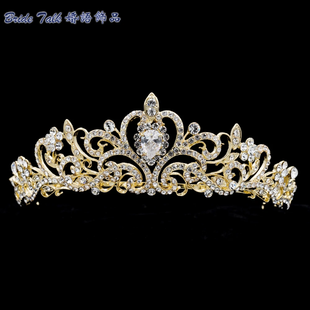 Golden Tone Austrian Crystals Tiara Princess Crown Bridal Wedding Hair Jewelry Accessories
