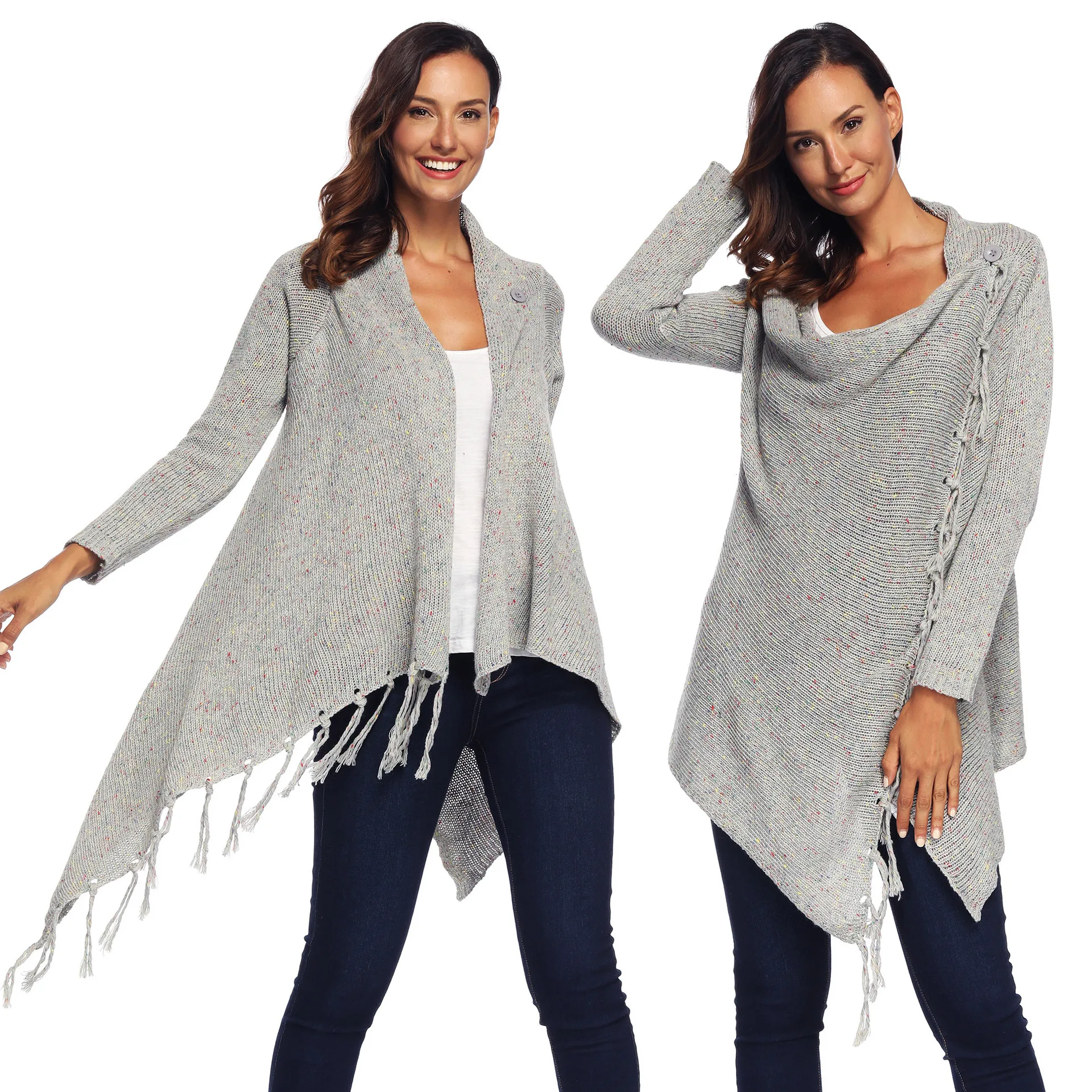 

2018 Two Colors Fashion Scarf Collar Tassels Pure Color Casual Women Sweaters Long Sleeve Irregular One-Button Knit Cardigan