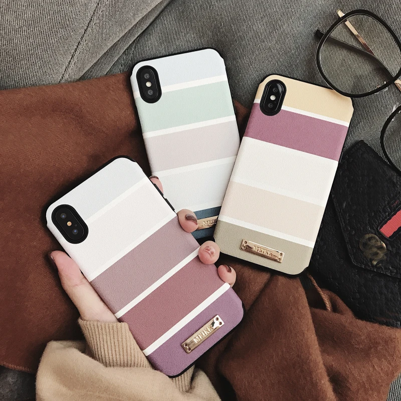 

Color blocks Silk pattern Korean style striped hardware nameplate soft rubber shell for iPhone 6 Plus 6s Plus 7 plus 8 plus X XS