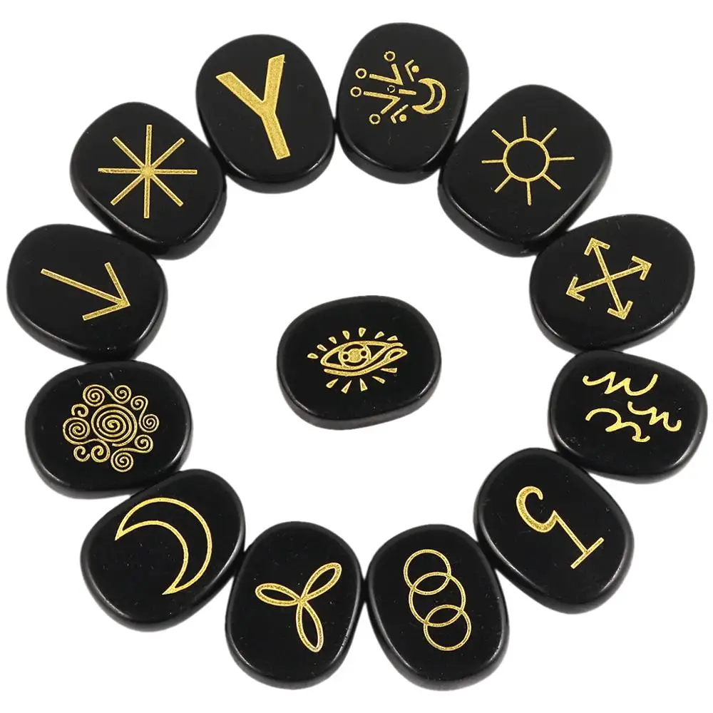 

TUMBEELLUWA 1Lot (13Pc) Crystal Engraved Gypsy Symbol Witches Rune Set Palm Stone for Healing Meditation Divination