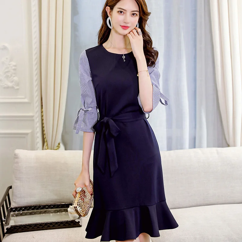 

Hot Sale Autumn Women's Mermaid Dress Office Lady Style Slim O Neck Flare Sleeve High Waist Dresses Female Casual 2019
