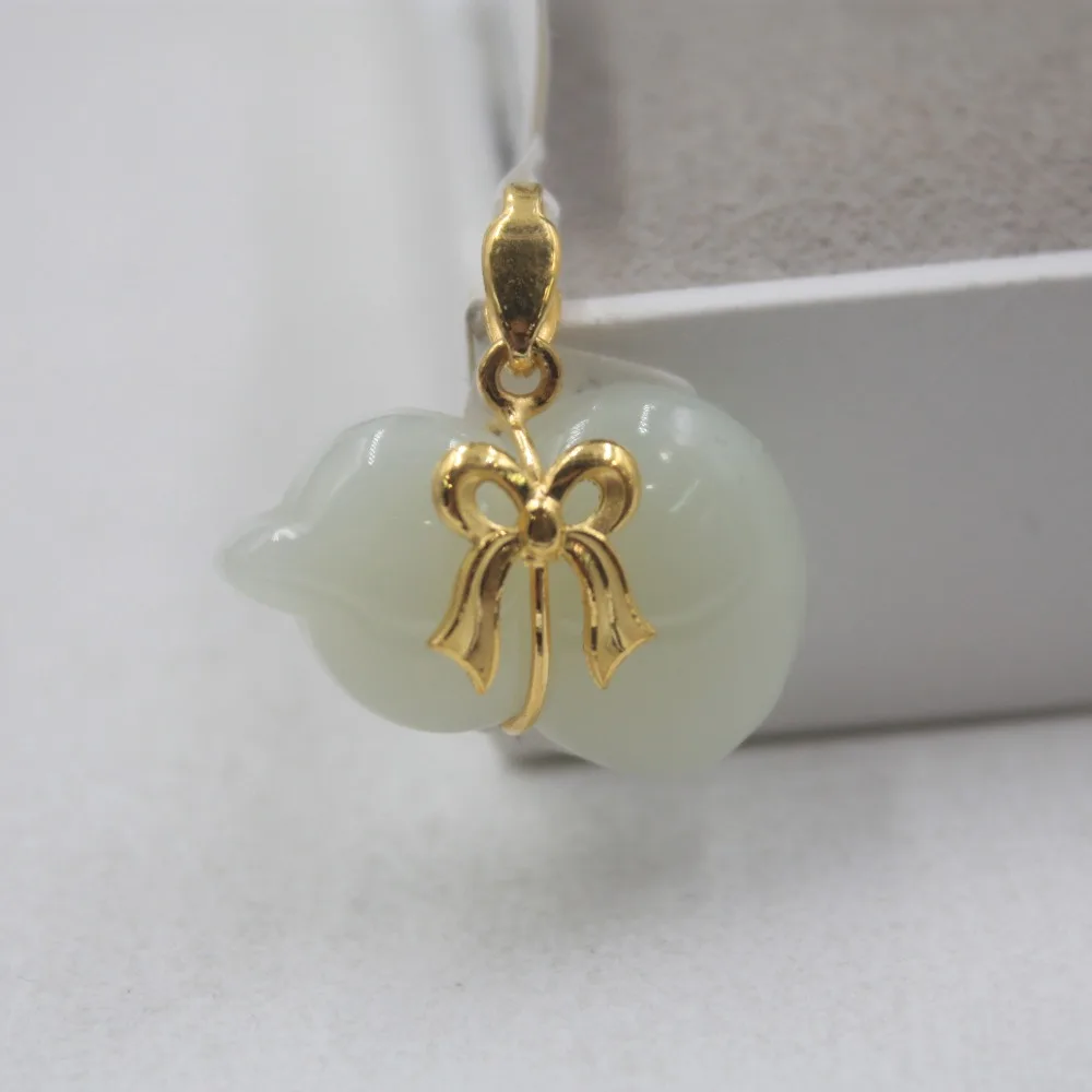 

Real 24K Yellow Gold & Hetian Jade Pendant Gold Charm Gourd Bow Pattern For Women Lady Friend Best Gift 2019 New Popular