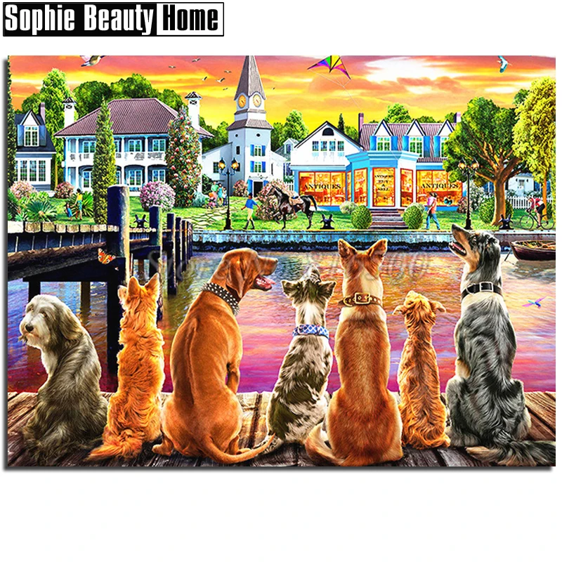 5D Diy Diamond Painting Houses By River Cross Stitch Pattern Full Embroidery Dogs Mosaic Needlework Decor 194026 | Дом и сад