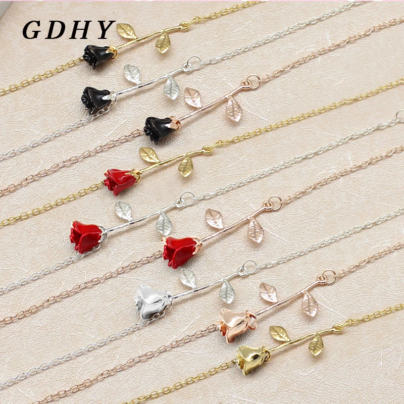 

GDHY Simple Rose Bracelet Black And Red Rose Flower Alloy Charms Bracelet For Women Fashion Jewelry Gift