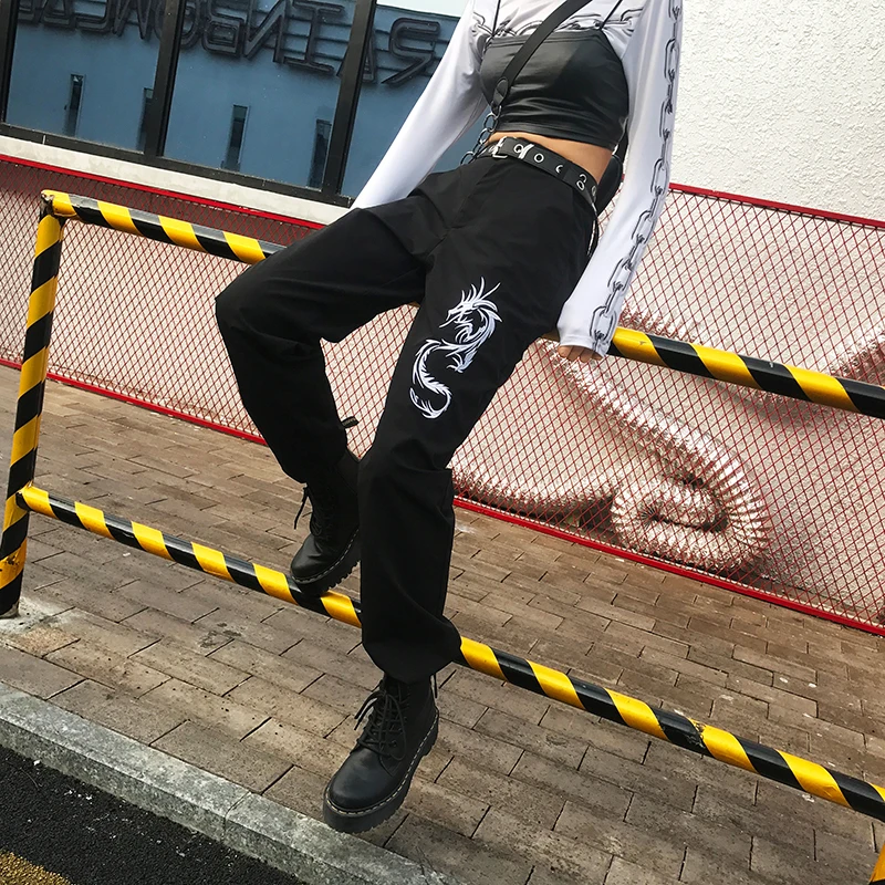 

Waatfaak Black Full Length Casual Pants Women 2019 Embroidery Dragon Ladies Harem Trousers Fashion Harajuku Joggers High Waist