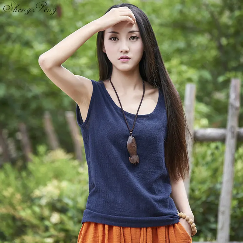 Китайская блузка рубашка традиционная китайская одежда для женщин льняная Восточная китайская одежда женские топы Q794