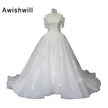 Real Photo Boat Neck Off The Shoulder with Sleeves Lace Applique Tulle Dubai Princess Style Bridal Gowns Vintage Wedding Dresses