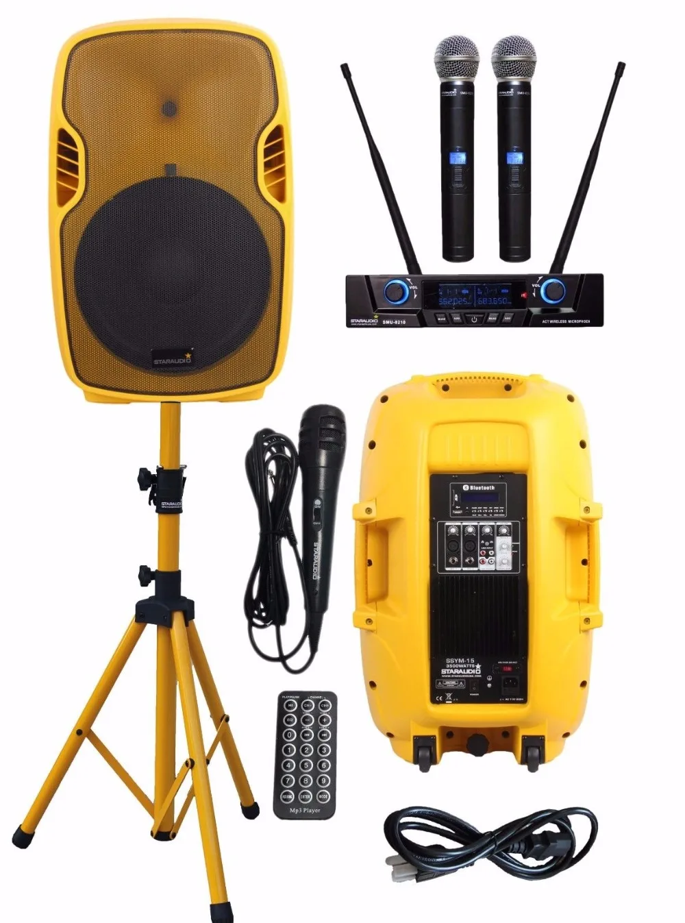

STARAUDIO 15" 3500W Powered Active PA DJ Stage Party Bluetooth Speaker W/ 2CH UHF LCD IR Mic 1 Wired Mic 1 Speaker Stand SSYM-15