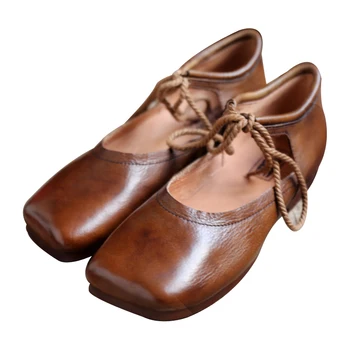 

2019 new women's leather square head lace ballet shoes fashion comfortable leather flat shoes.