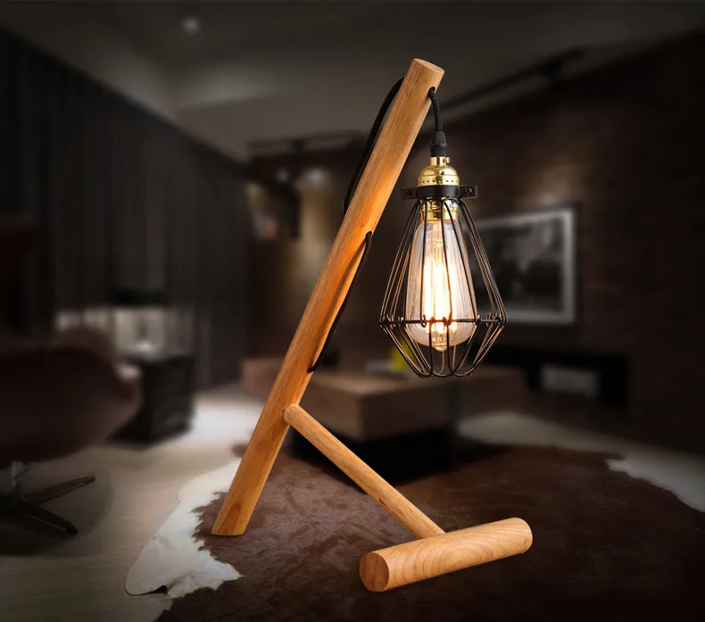 

Creative Retro Cafe Bar Desk Lamp Table Light Personality Style Iron Cage Wood Decoration Table Lamp AC 110-220V Free Shipping