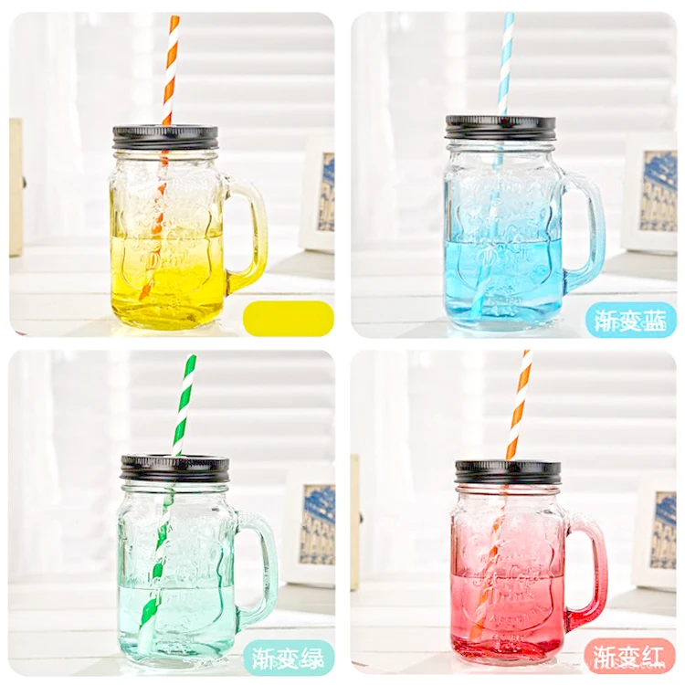 Mason vaso para beber de vidrio frascos con tapa y manija para helado