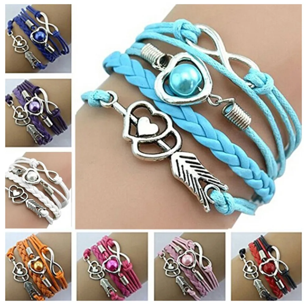 Женский многослойный браслет Infinity Cupid Love Heart Wings очаровательный кожаная цепочка