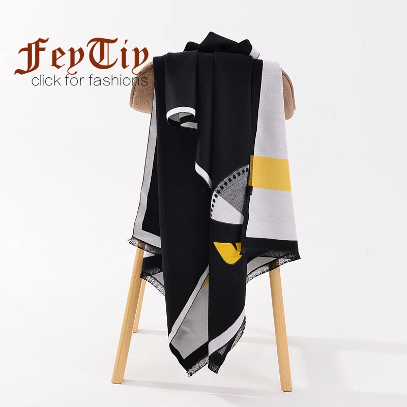 Koop Fashion Zwart Pashmina Winter Sjaals voor Vrouwen Little Monster Deken Poncho Warmer Zachte Kasjmier Sjaals Grote Sjaals 190*65 cm