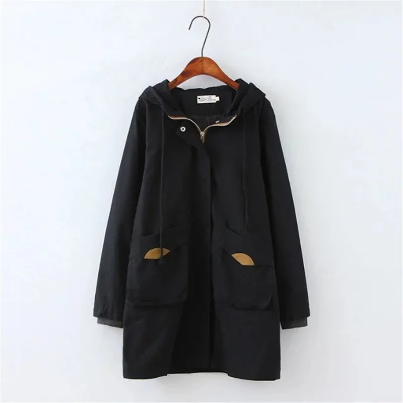 NEW Cotton Trench coat Women Spring Autumn Plus size 4XL Hooded Windbreaker Large size Female Loose Coat Medium length 2059