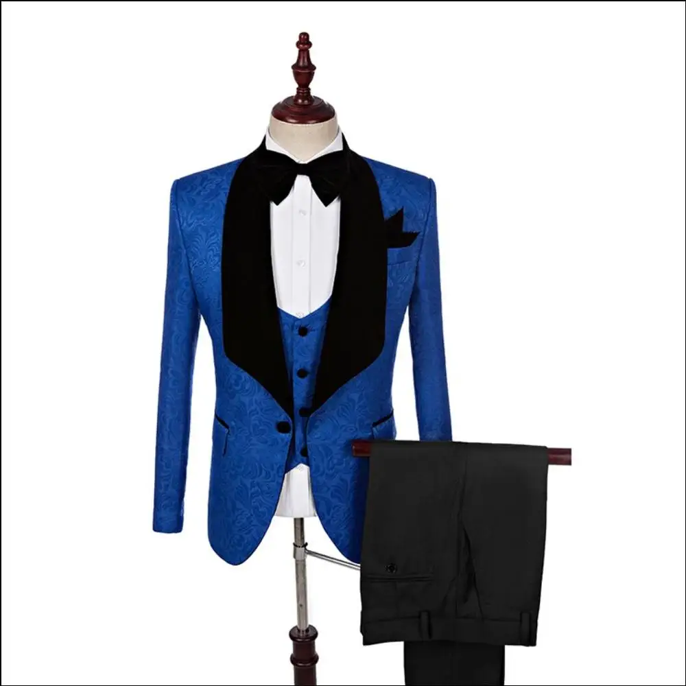 jacket vest pants S-5XL новые мужские свадебные жених синие жаккардовые костюмы из трех предметов повседневные Тонкая Шаль Воротник торжественное платье для певицы для сцены костюмы - Цвет: jacket vest pants