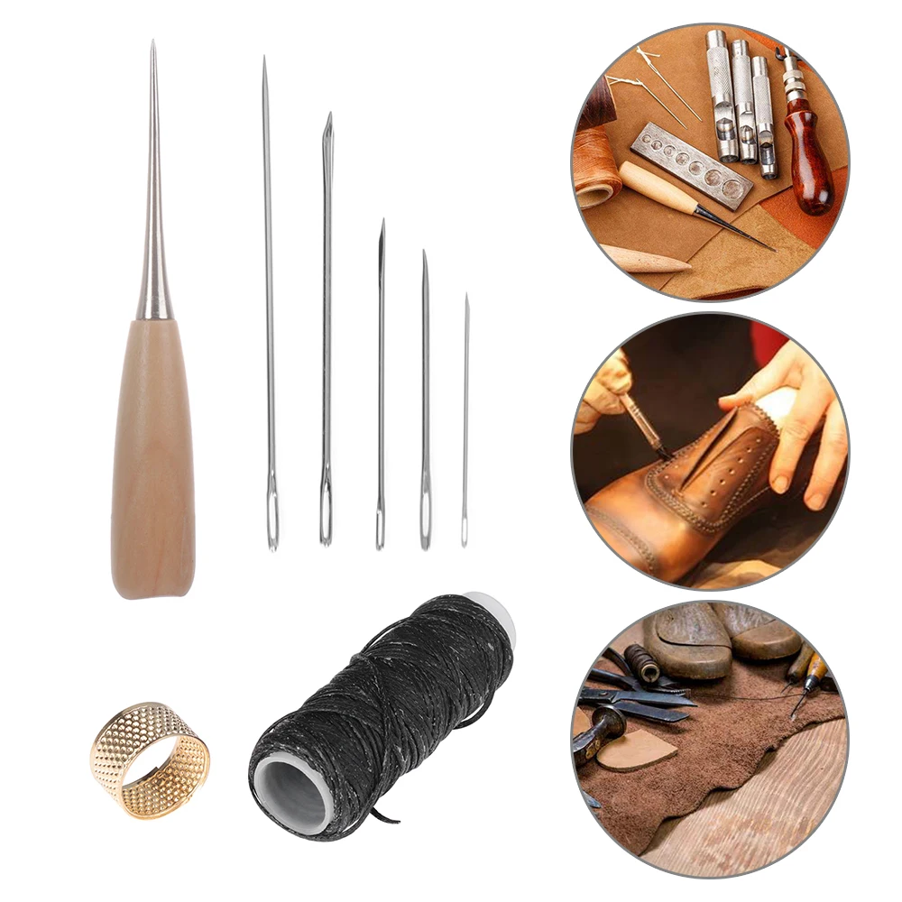 

10 Pieces Curved Upholstery Hand Sewing Needles with Leather Waxed Thread Cord Drilling Awl and Thimble for Leather Repair