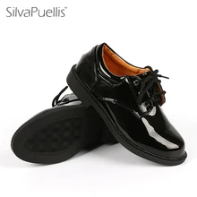Silvapuellis 2017 детская черный, белый цвет PU Кожаные модельные туфли Обувь для мальчиков Кружево со шнуровкой на плоской подошве Обувь дети школы партии Туфли для сцены
