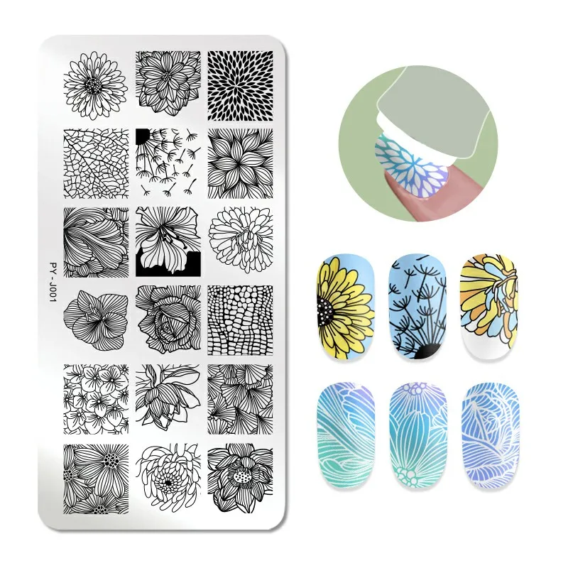 PICT YOU Nail Stamping Plates Rectangle Shape Flower Series Stainless Steel Nail Art Image Plate Stencils Tools J001