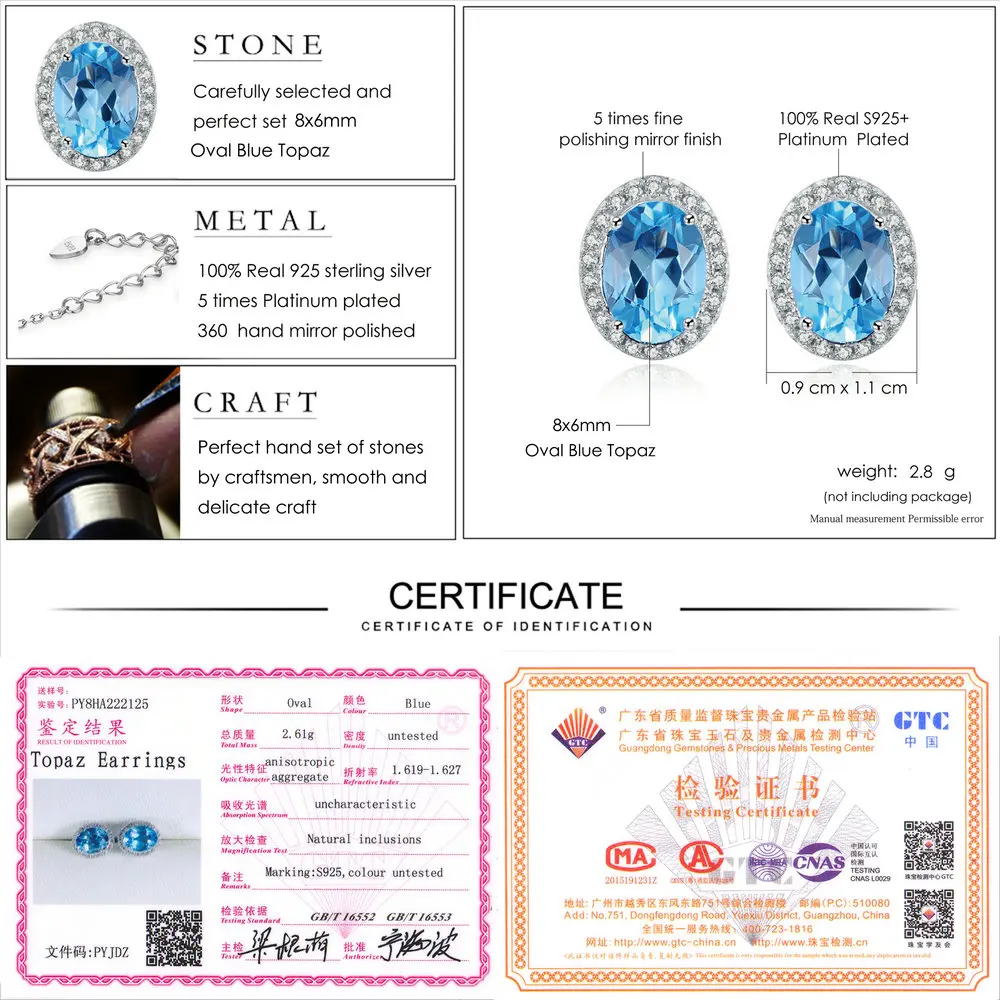 LAMOON Classic 6x8mm 100% Natural Oval Blue Topaz 925 Sterling Silver Jewelry S925 stud Earrings LMEI020