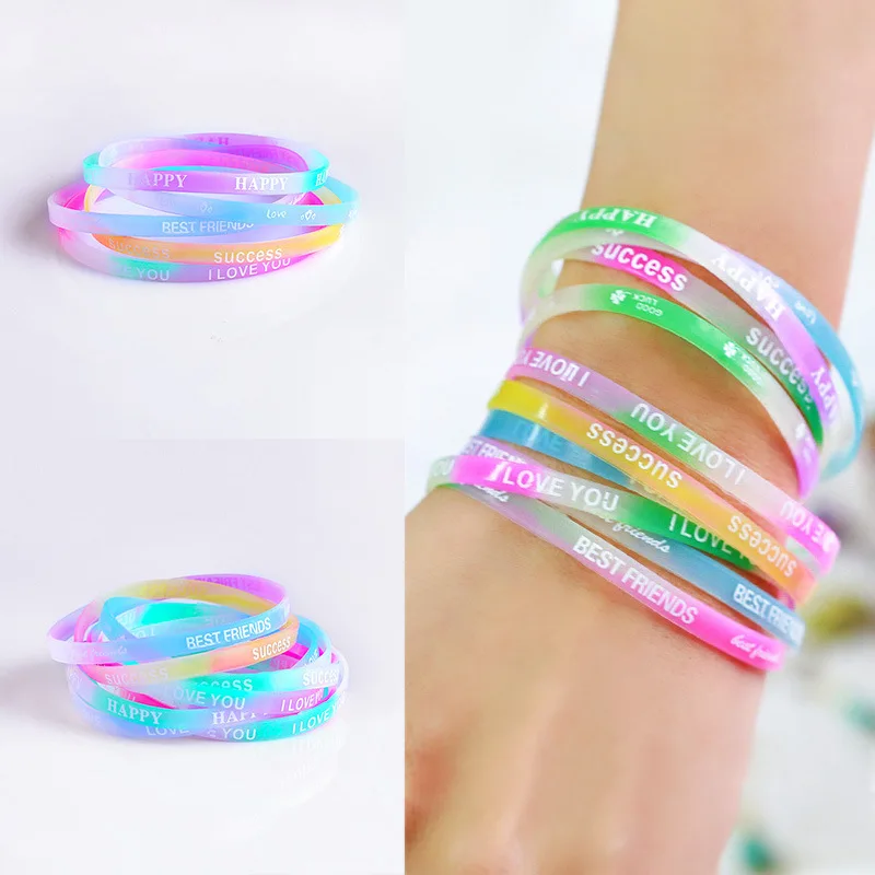

10PCS Light Color Happy Printed Letters Luminous Silicone Sports Bracelets BanglesFluorescent Rubber Fitness Wristband Bracelet