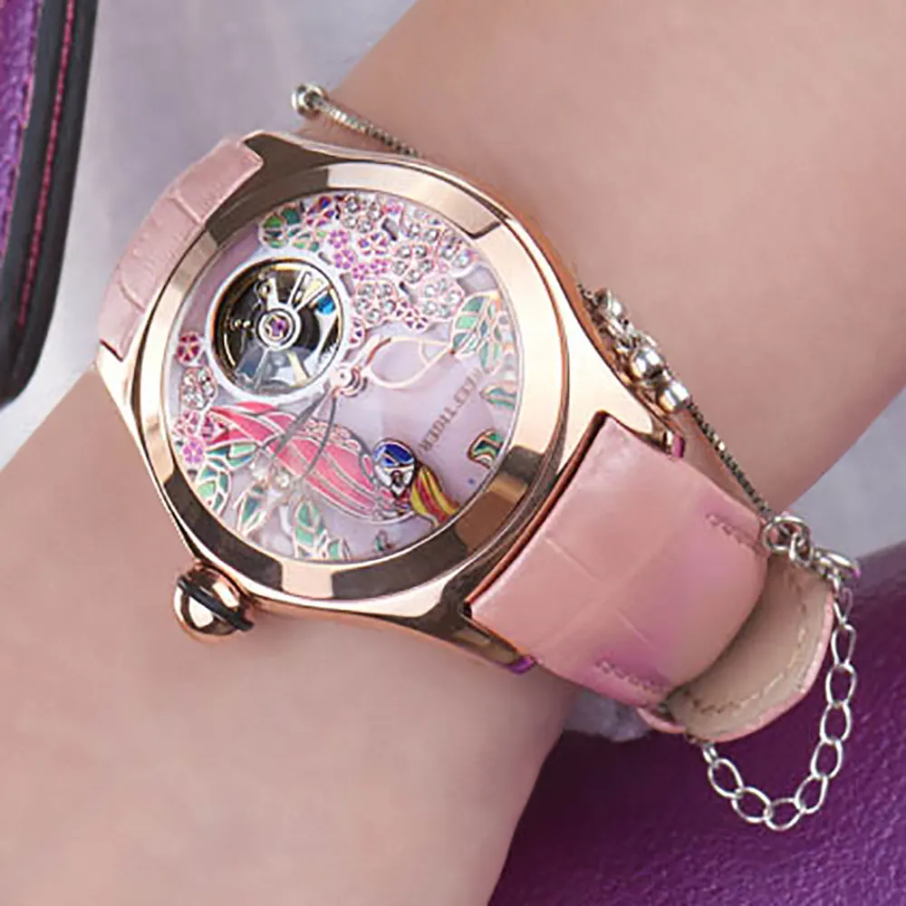 Reef Tiger Top Brand Luxury Women Watches Pink Dial Leather Strap Mechanical Watch Rose Gold Fashion Watch reloj mujer RGA7105