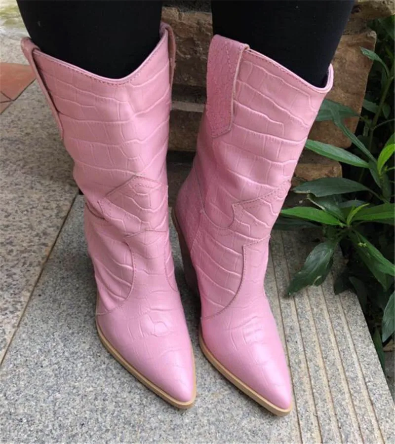 Fashion Cowboy Ankle Boots Women Shoes Pu Leather Wedge Chunky High Heel Boots Snake Print Western Cowgirl Boots Black PINK