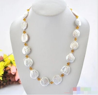 

FREE SHIPPING>>>@@ > P5008 23" 22mm white baroque coin freshwater pearl faceted citrine necklace ^^^@^Noble style Natural Fine j