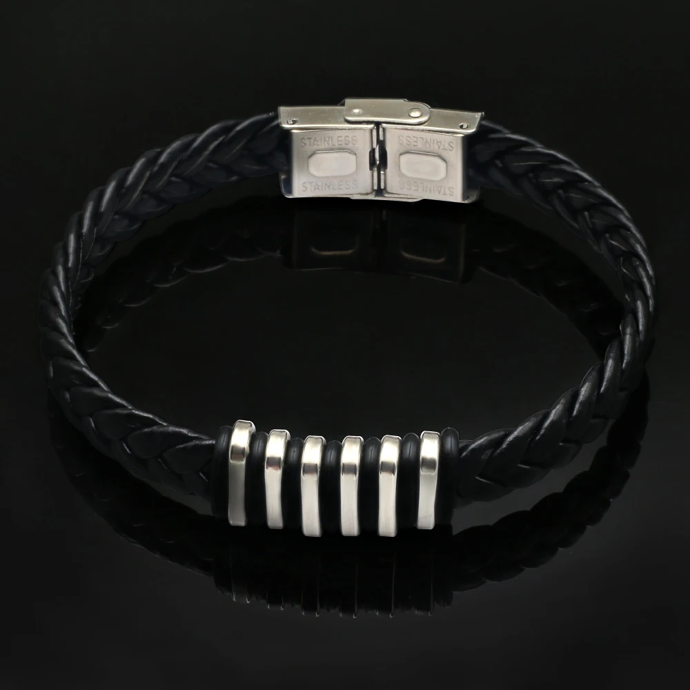 Черный браслет из натуральной кожи, мужской браслет, модный браслет из нержавеющей стали, мужские ювелирные изделия в стиле рок, кожаные мужские браслеты на запястье