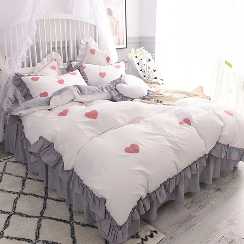 

New Heart-shaped design bedding set ruffle duvet cover bedspread elegant bed sheet princess bed linen home textile queen bed set