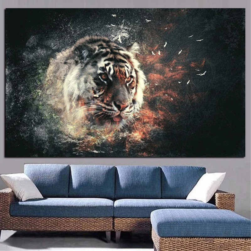 HD Print 3D Tiger in Fire Animals Oil Painting on Canvas Pop Art Modern Wall Picture for Living Room Poster Sofa Cudros Decor (3)