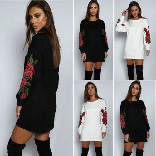 

Womens Long Sleeve Floral Pullover Long Tops Casual Mini Dress Women Ladies Flower Warm Long Sleeve Dresses Clothing