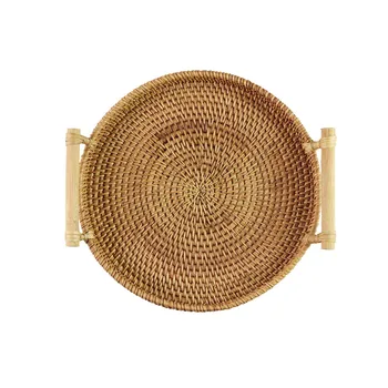 

Manual Rattan Tray Round Bread Fruit Snack Teacup Storage Trays Handmade Basket Japanese-style Tea Tray Decorative Tray Z587
