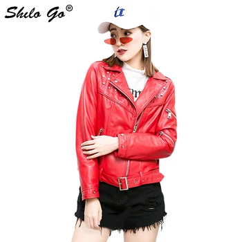 

Streetwear Leather Jackets Women Sprint Rivet Zipper Sheepskin Genuine Leather Top Coat Back Letter Print Moto Jacket Female