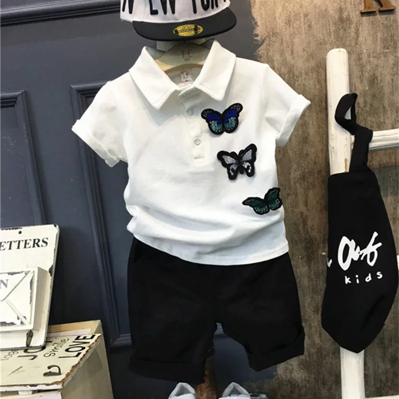 

DFXD Toddler Boys Summer Clothing Set 2018 Fashion Short Sleeve Turn Down Collar Embroidery Butterfly Patch T-shirt+Pant Suit