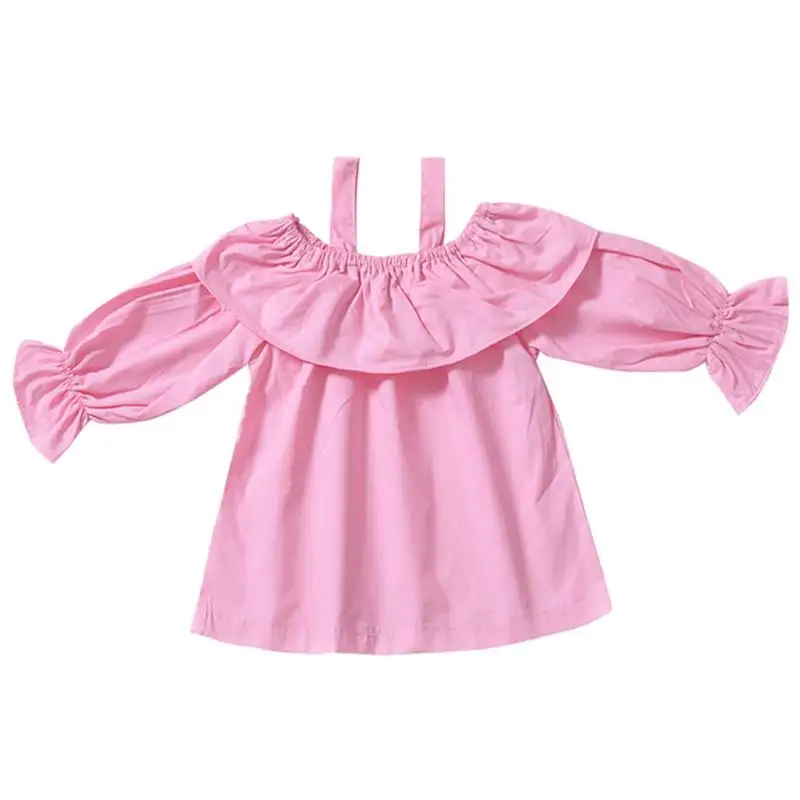 Одежда для младенцев, топы, осенние Рубашки, Весенняя Детская футболка с длинными рукавами и открытыми плечами для девочек, блузка с оборками - Цвет: Розовый