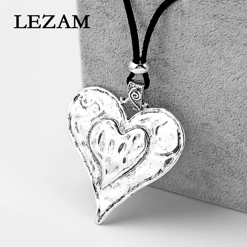 

1pcs Fashion Jewelry Charms Hammered Layer Large Heart Pendant Black Suede Velet Cord Necklace Jewelry Gift For Women