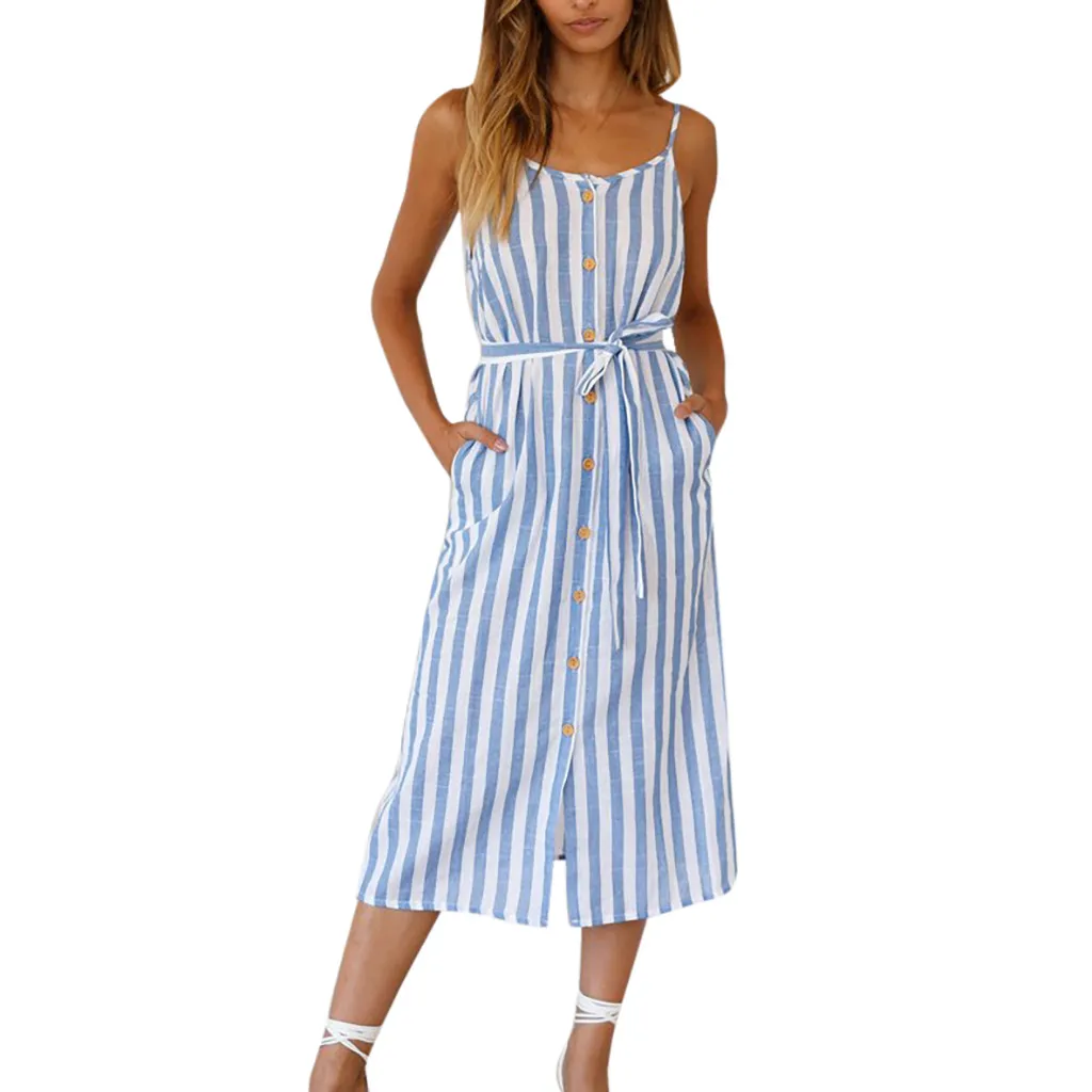 

2019 MAXIORILL New Womens Boho Stripe Camisole Sleeveless Dress Ladies O-Neck Party Sundress платье Wholesale T3