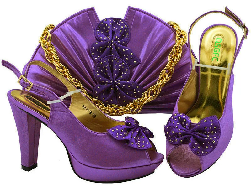 High heel 4.5 inches sandal shoes and clutches for african aso ebi party purple shoes and bag to match women lace dress SB8285-5