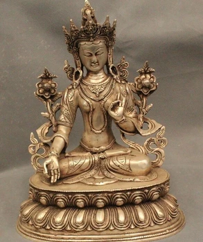 

12" Chinese Tibet Old Silver Seat White Tara Goddess Kwan-Yin Buddha Statue