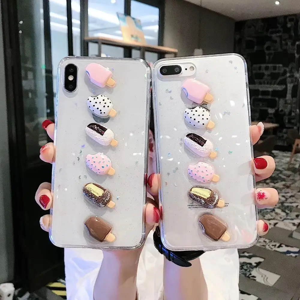 

For iPhone 11 Pro Max X XS XR 8 7 6 6S Plus Cover 3D Ice Cream Popsicle Cupcake Glitter Soft TPU Case