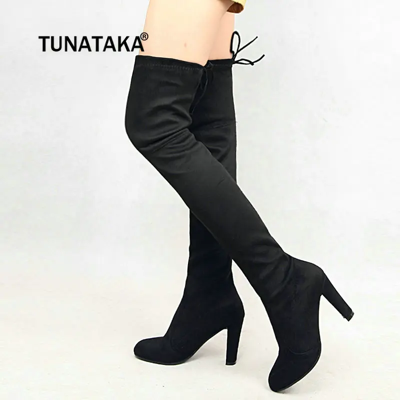 

Top Faux Suede Elastic Boots Chunky High Heel Over The Knee Boots Winter Thigh Boots Fashion Women Shoes