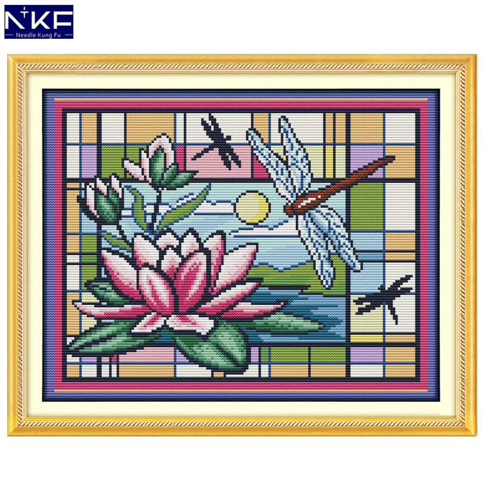

NKF Dragonfly and Lotus Pattern Handmade Craft Needlework Chinese Cross Stitch Embroidery Kit Cross Stitch for Home Decor