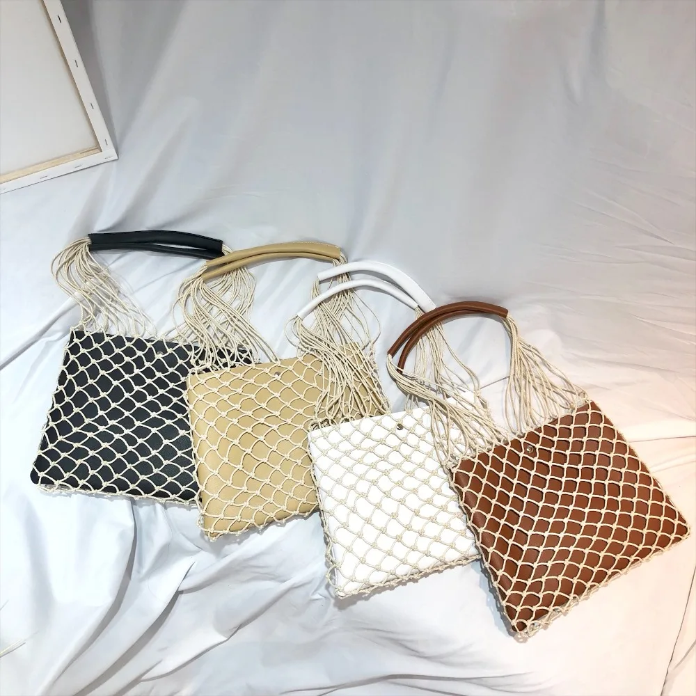 Goede Designer Casual Hollow Netto Flap Bag Pu Leer Hollow Vrouwen Schoudertas Hennep Touw Geweven Handtas Bohemian Strandtas Dame handtas