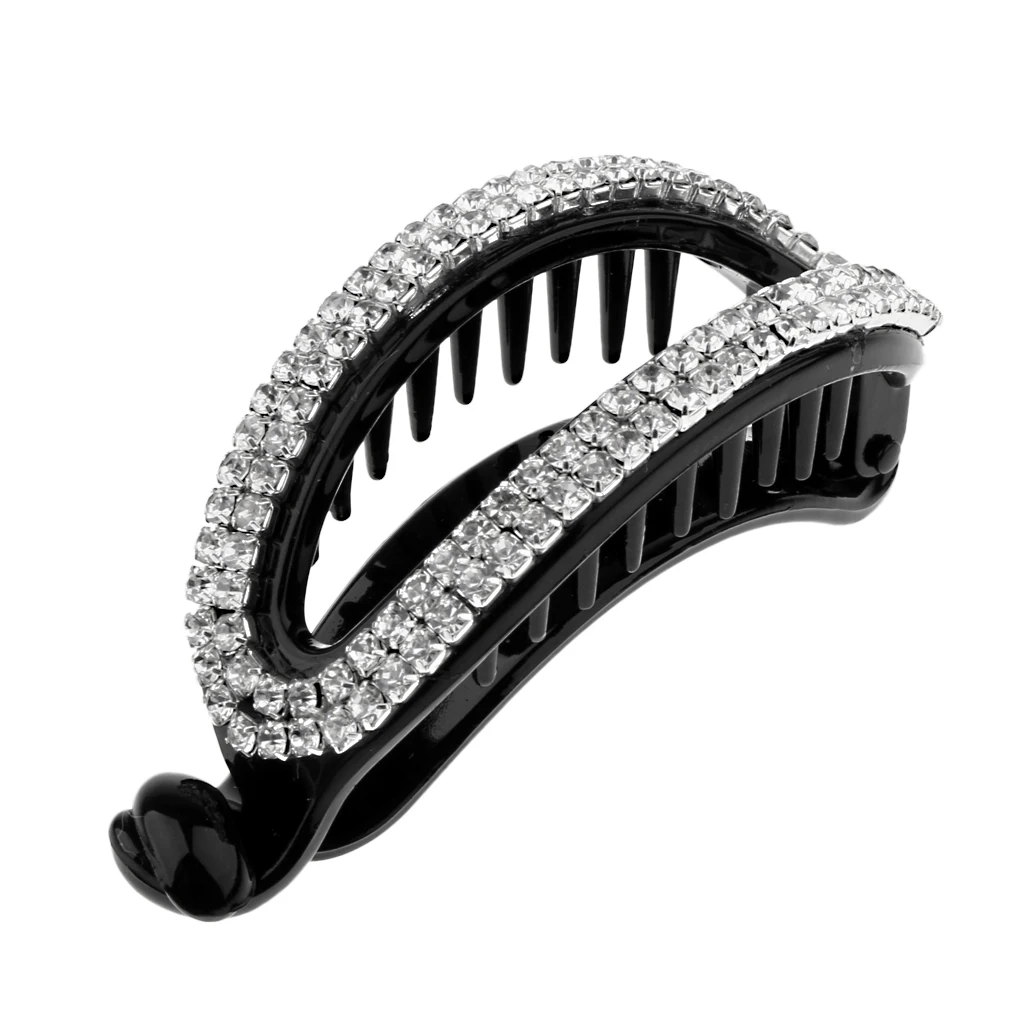 2pcs Women Lady Hollow Rhinestone Hair Banana Clip Ponytail Holder Clamp Crystal Hair Accessories Black Brown