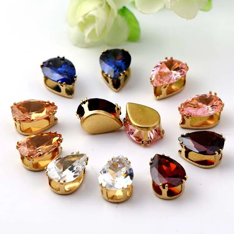 

10x14mm 10pcs/pack Drop Top quality Multicolour Natural zircon,golden base Super flash sew on stones,diy/Jewellery accessories