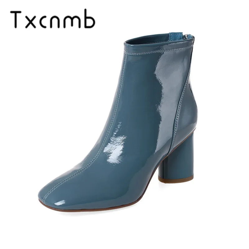 

TXCNMB 2019 Boots Women Ankle Boots for Women Winter Genuine Leather High Heel Shoes Woman Black White Blue