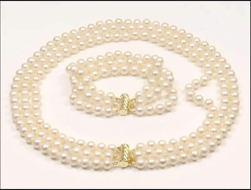 

Beautiful 3 ROW 18" AAA 8-9MM GENUINE WHITE PEARL NECKLACE BRACELET Yellow CLASP