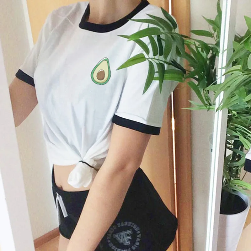 

SexeMara Summer Lovely Women T Shirt Short Sleeve Black Patchwork T-Shirt Avocado Print Blusa Female Tees