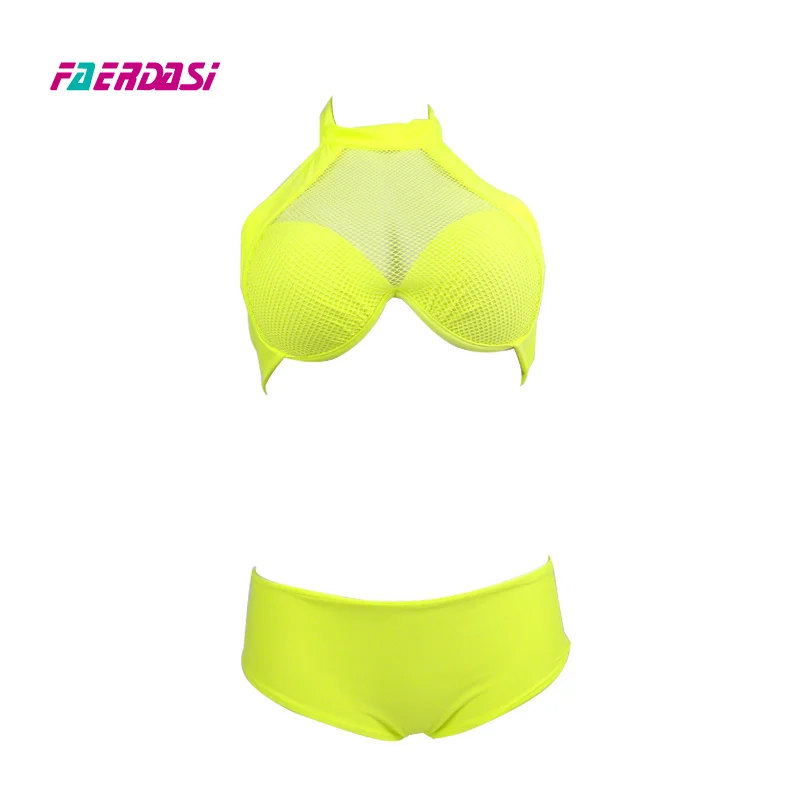 

Faerdasi new Mesh solid color women sexy bikini set hollow out female bandage bathing suit push up high neck swimsuit swimwear