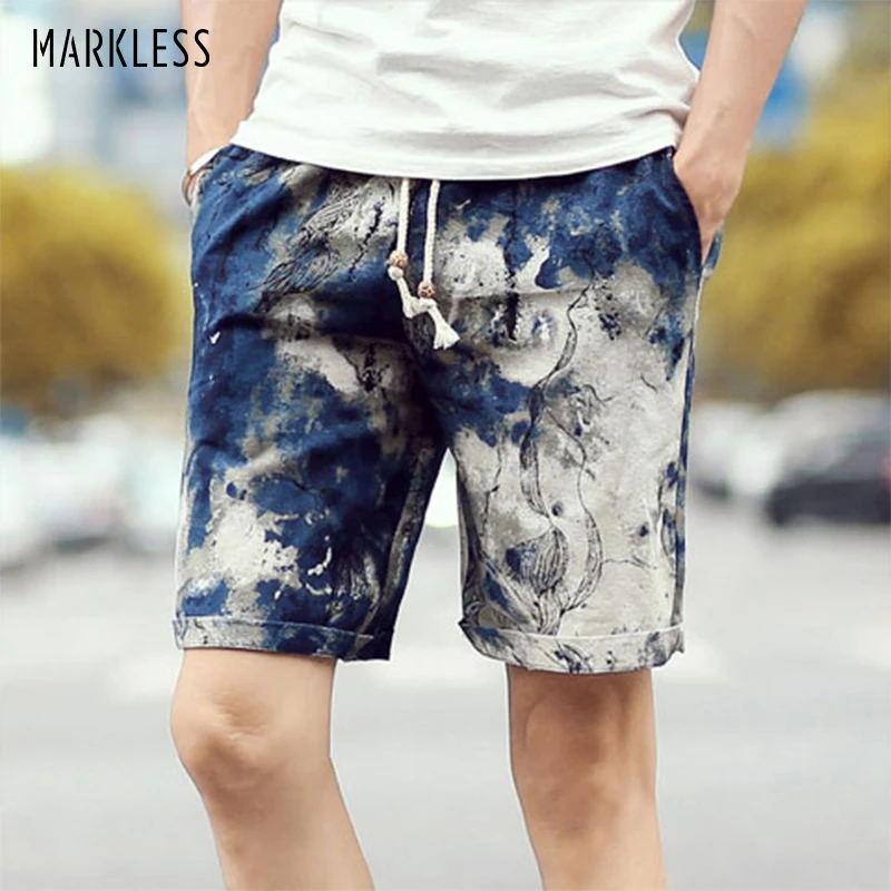 

MARKLESS Mens Elastic Waist Linen Breathable Beach Shorts Printing Straight Fit Casual Lightweight Short Pants STK510